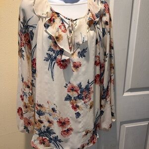 Chaps Cream Floral Blouse with Blue and Red Accents